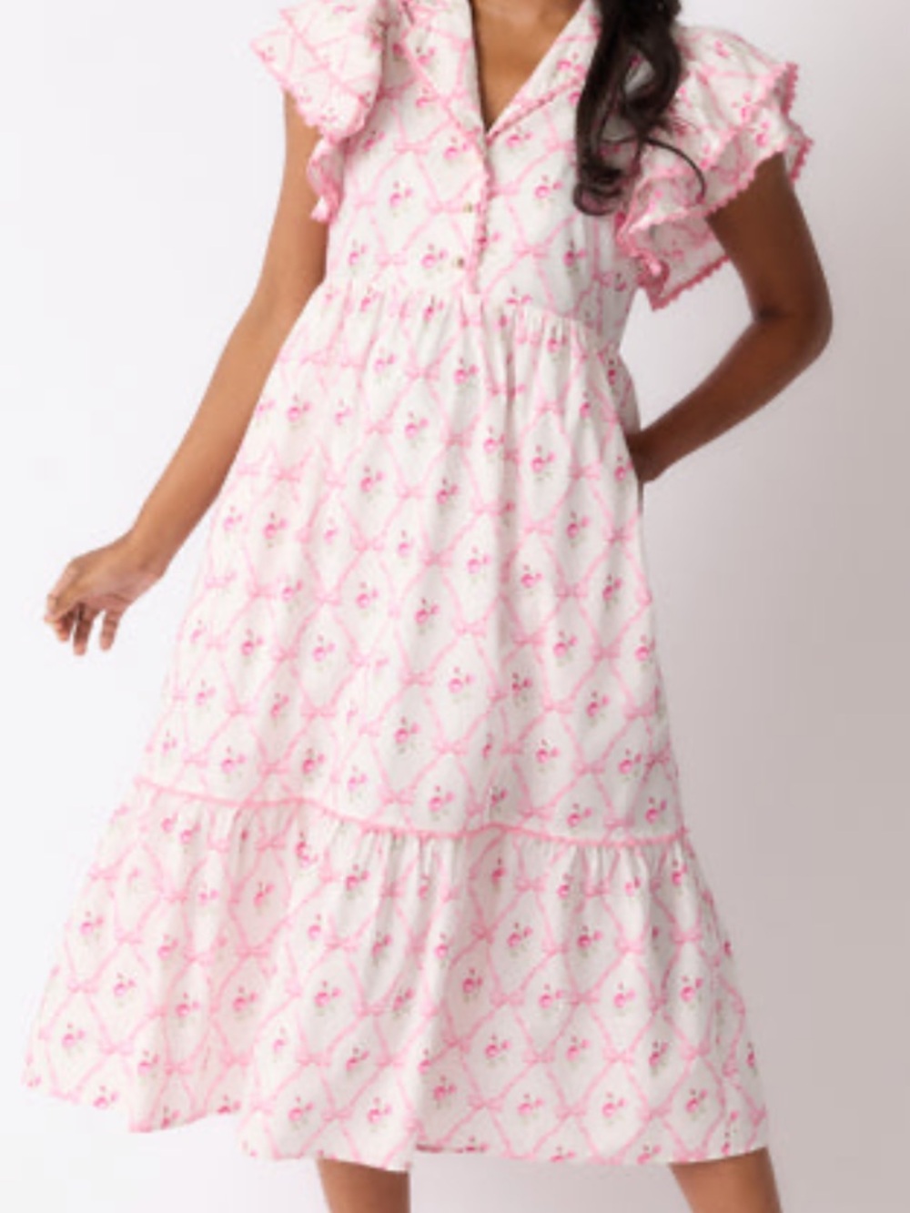 Boutique entro Brunch & Beyond Cotton Light Pink Bow Floral Midi Dress